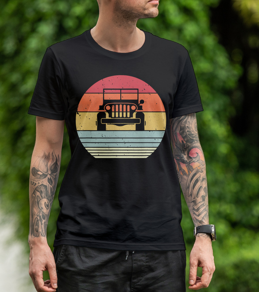 Retro Style Off Road 4X4 Vintage Jeep Silhouette Sunset Stripes T-Shirt