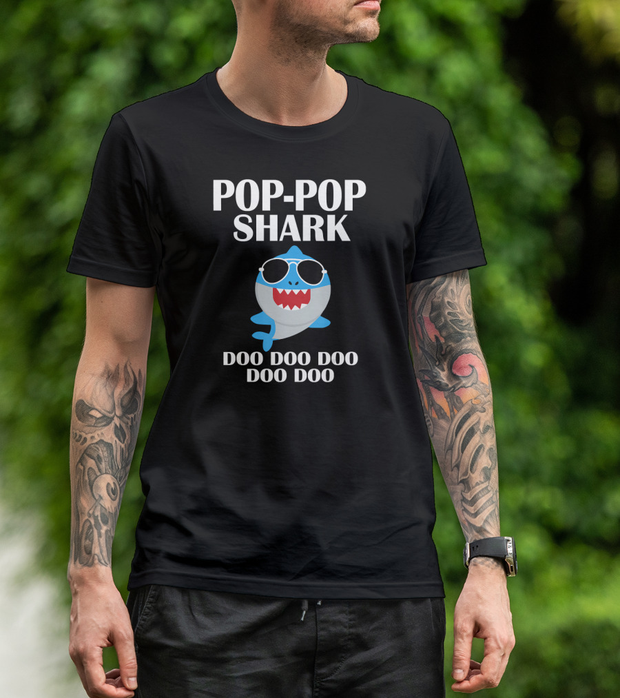 Pop Pop Shark Doo Doo Doo Funny Poppop Sunglasses Cartoon T-Shirt
