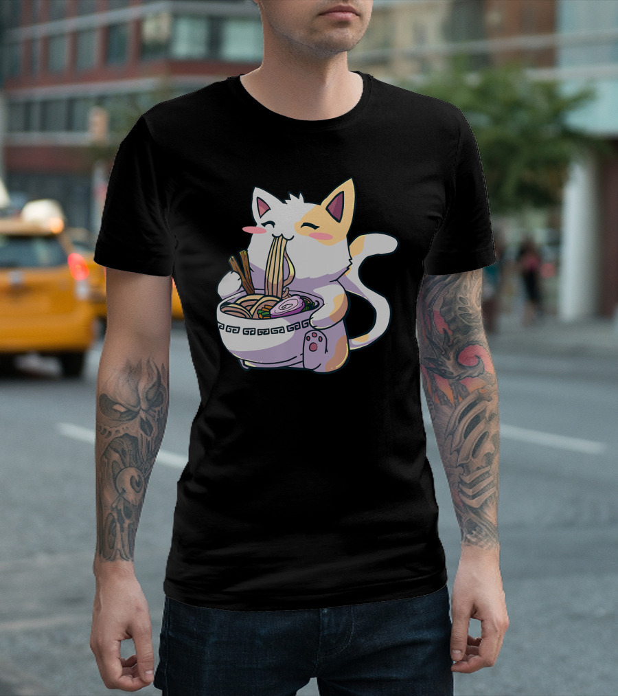 Kawaii Anime Cat Eating Ramen Japanese T-Shirt