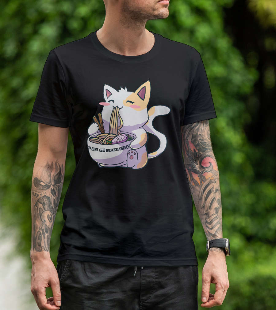 Kawaii Anime Cat Eating Ramen Japanese T-Shirt
