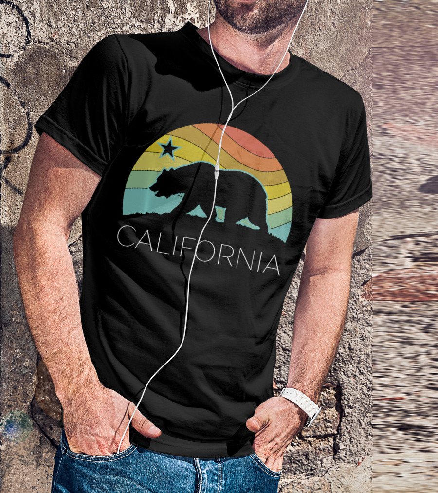 Retro California Bear Vintage Beach Cali Pride Surf 70s 80s Star Rainbow T-Shirt