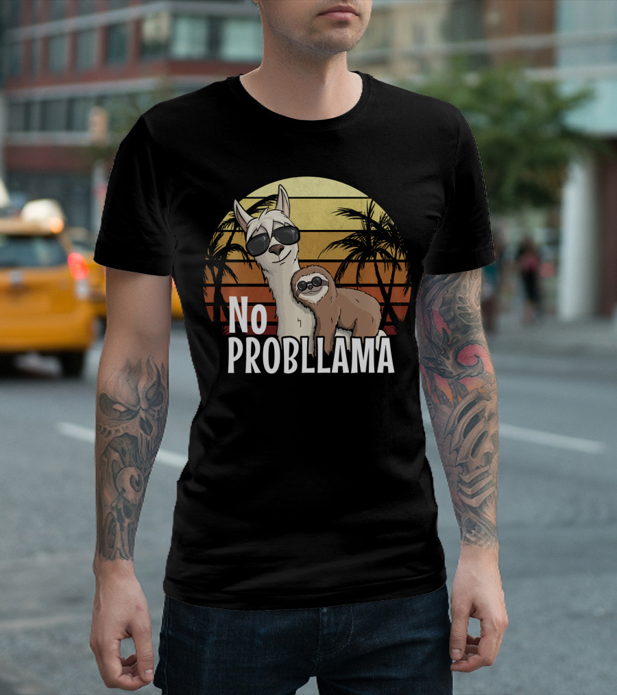 Retro Sunset Style Sloth Riding Llama with Sunglasses No ProbLlama T-Shirt