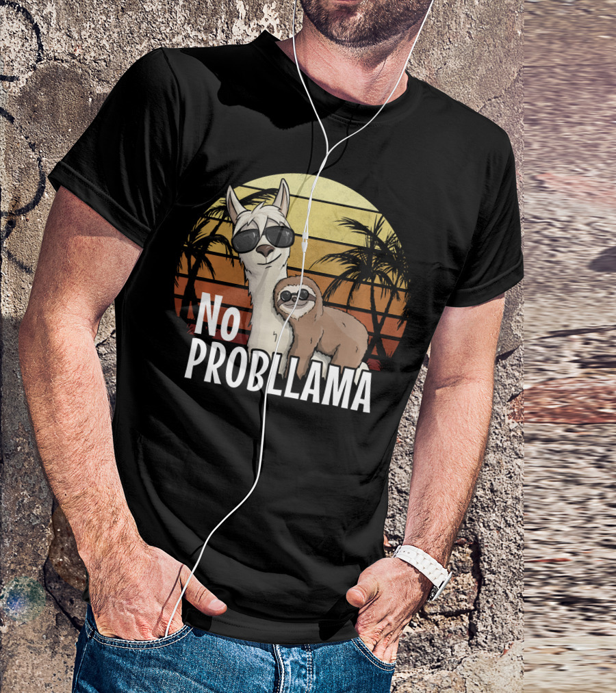 Retro Sunset Style Sloth Riding Llama With Sunglasses No ProbLlama T-Shirt