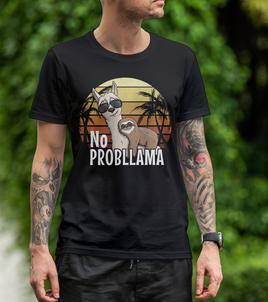 Retro Sunset Style Sloth Riding Llama With Sunglasses No ProbLlama T-Shirt