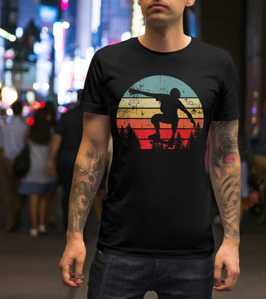 Trick Move Retro Vintage Skateboarder Silhouette Forest Sunset T-Shirt