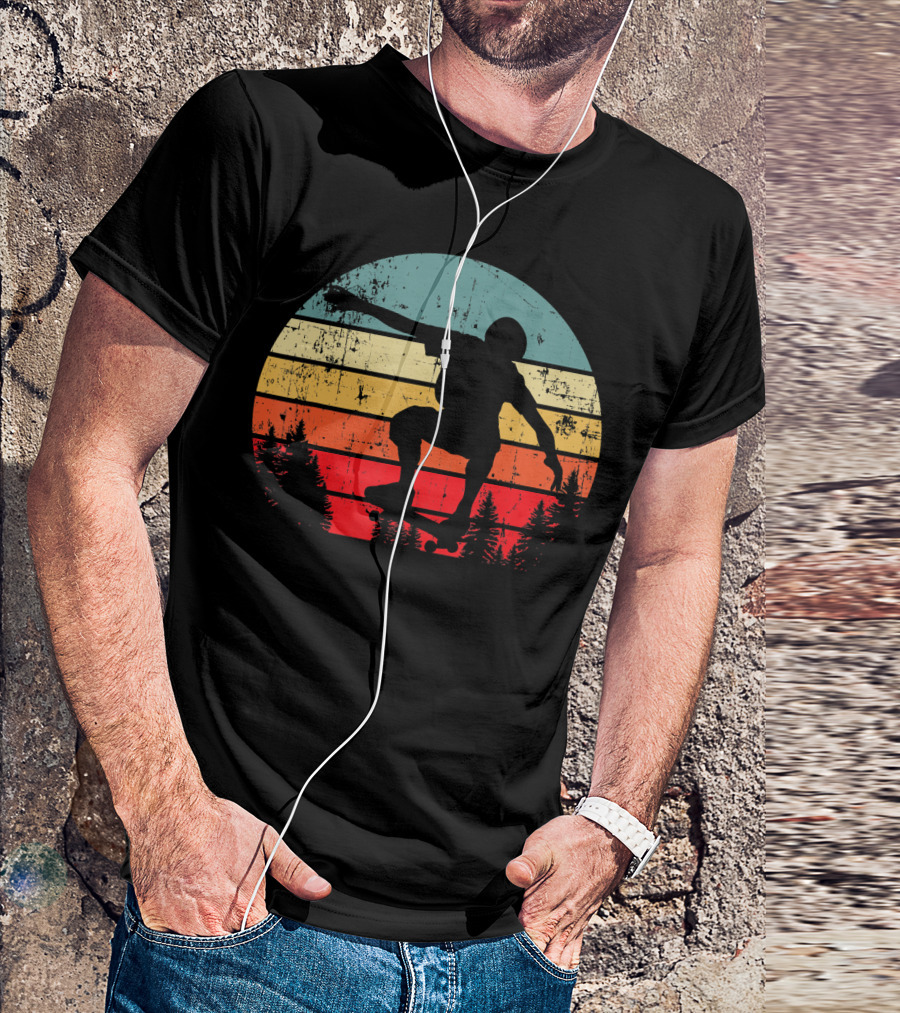 Trick Move Retro Vintage Skateboarder Silhouette Forest Sunset T-Shirt