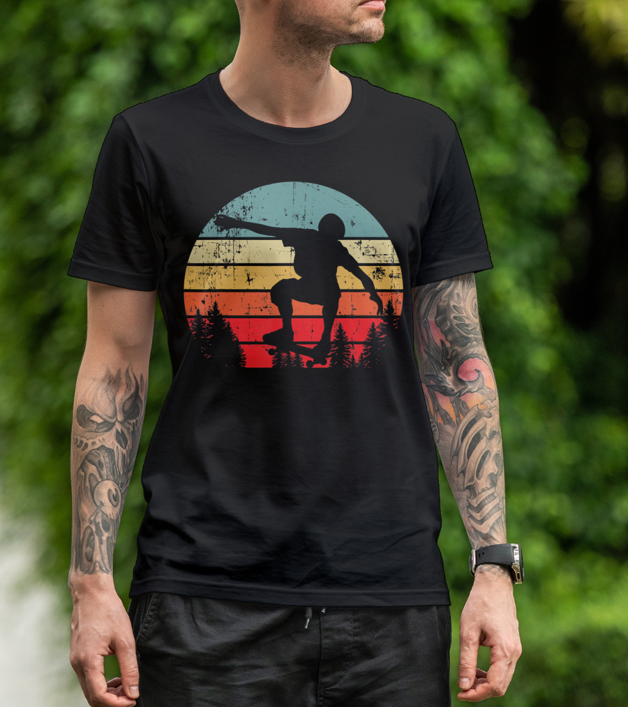 Trick Move Retro Vintage Skateboarder Silhouette Forest Sunset T-Shirt