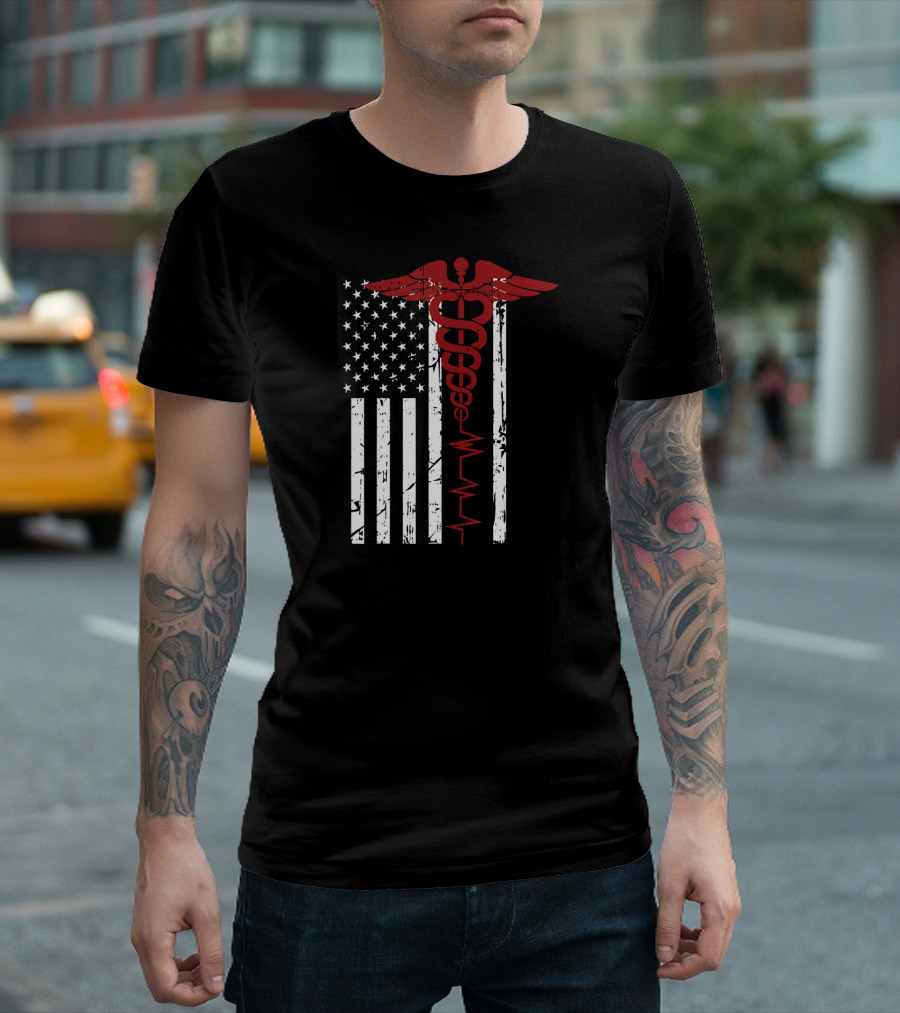 USA Flag Caduceus Medical Symbol Black Patriotic Nurse T-Shirt