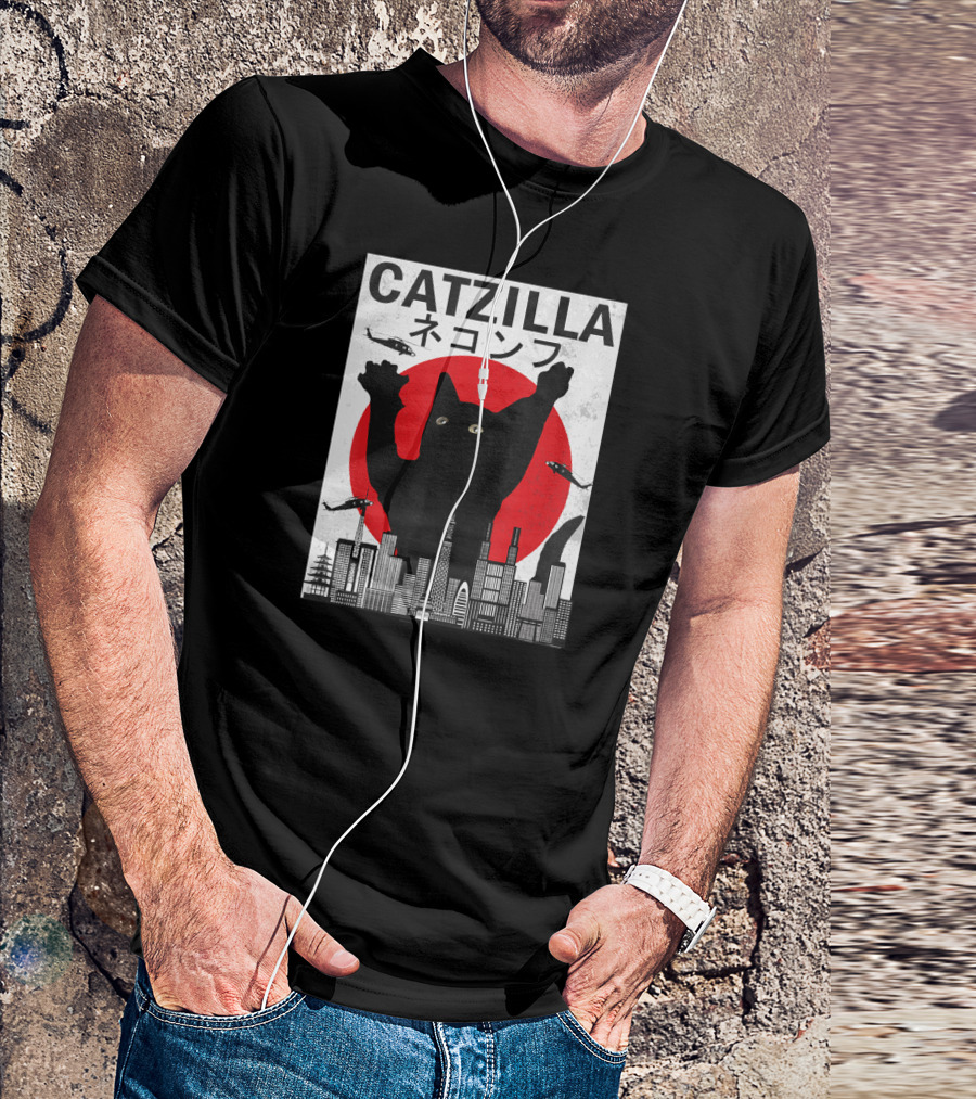 Catzilla Japanese Sunset Style Cat With Helicopter And Skyline Elements T-Shirt