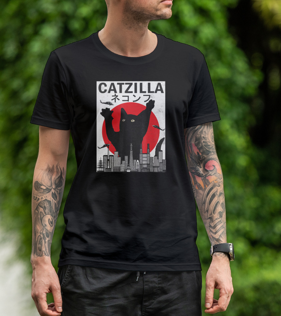 Catzilla Japanese Sunset Style Cat With Helicopter And Skyline Elements T-Shirt