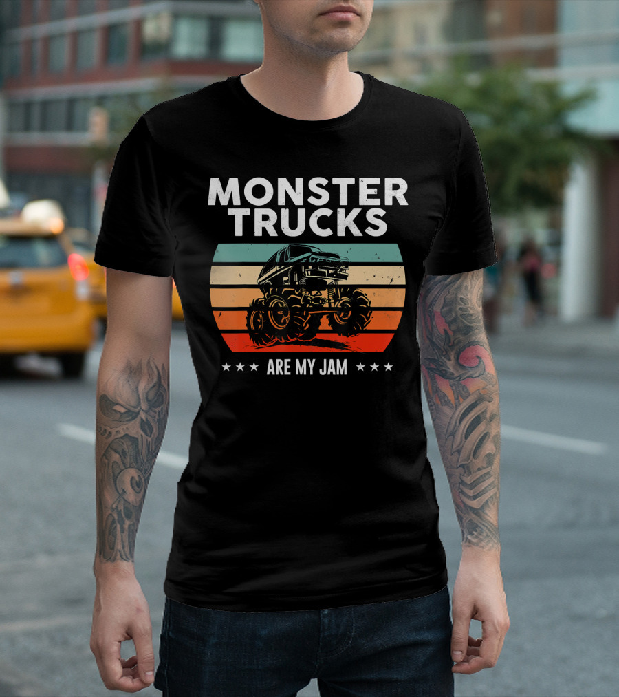 Monster Trucks Are My Jam Retro Sunset Vintage Cool Engines T-Shirt