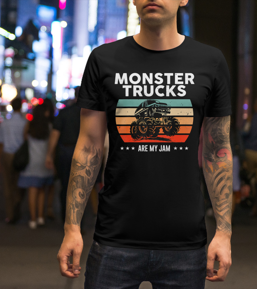 Monster Trucks Are My Jam Retro Sunset Vintage Cool Engines T-Shirt