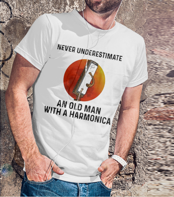 Never Underestimate An Old Man With A Harmonica Sunset Background T-Shirt