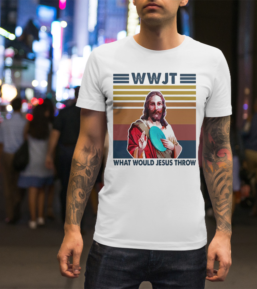 WWJT What Would Jesus Throw Disc Golf Frisbee Retro Stripes T-Shirt