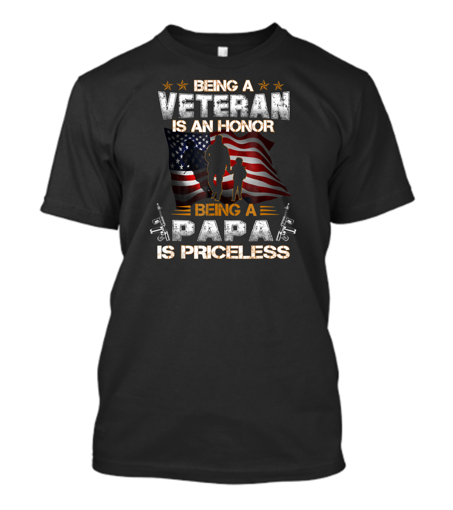 Being A Veteran Is An Honor Being A Papa Is Priceless American Flag Silhouette With Stars And Guns T-Shirt