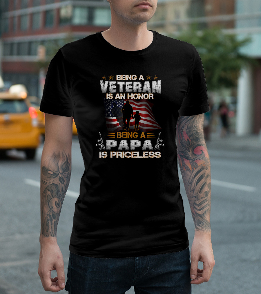 Being a Veteran is an Honor Being a Papa is Priceless American Flag Silhouette with Stars and Guns T-Shirt