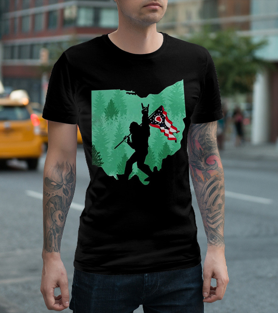Bigfoot Rock and Roll Ohio State Silhouette with Flag Forest Background T-Shirt