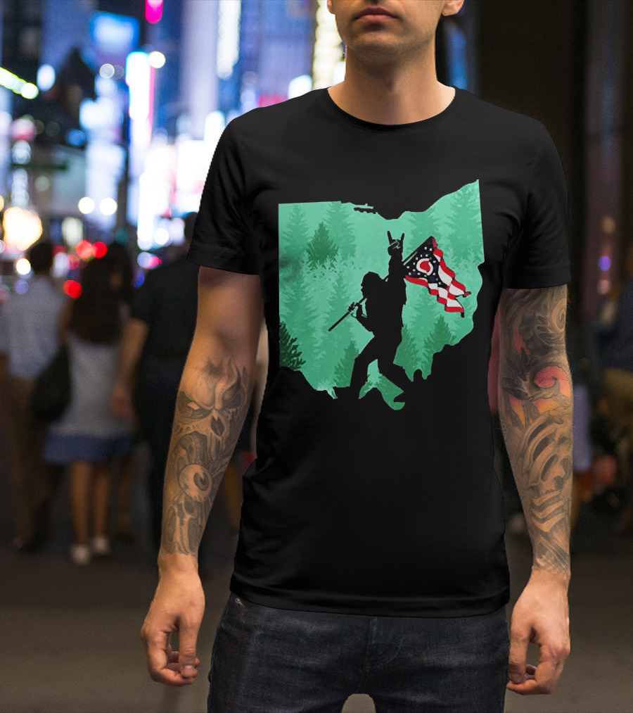 Bigfoot Rock And Roll Ohio State Silhouette With Flag Forest Background T-Shirt