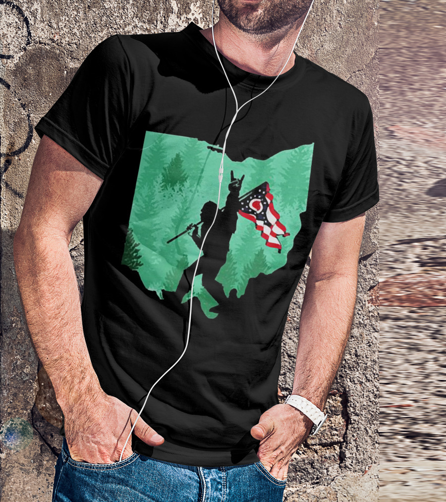 Bigfoot Rock And Roll Ohio State Silhouette With Flag Forest Background T-Shirt
