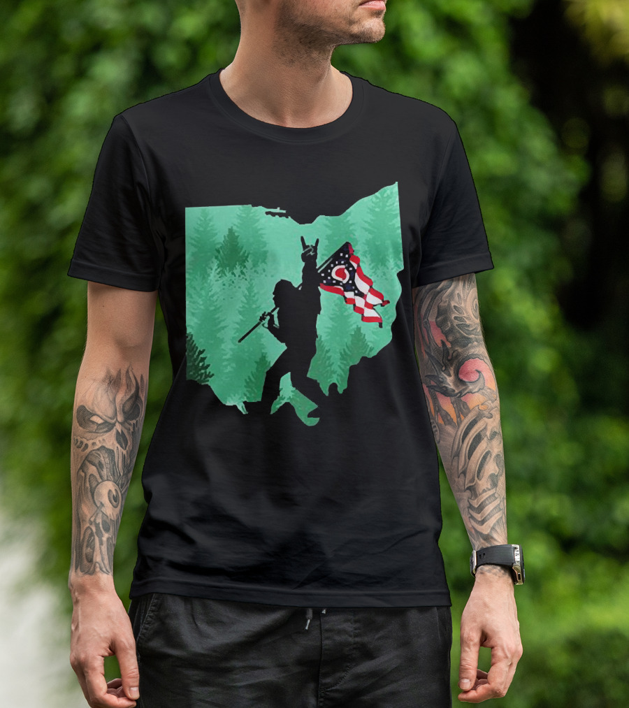 Bigfoot Rock And Roll Ohio State Silhouette With Flag Forest Background T-Shirt