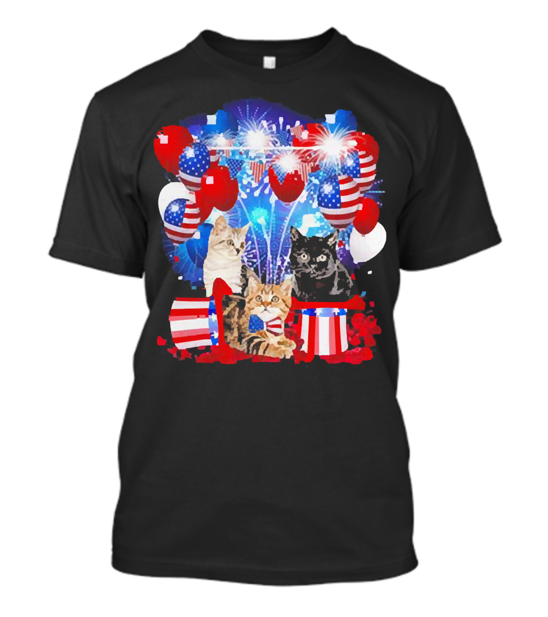 Cats Fireworks Balloons America Flag Happy ...T-Shirt 