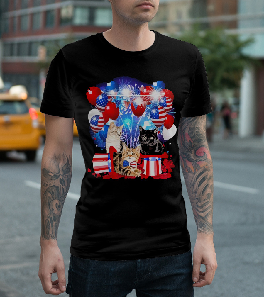 Cats Fireworks Balloons America Flag Happy Independence Day T-Shirt