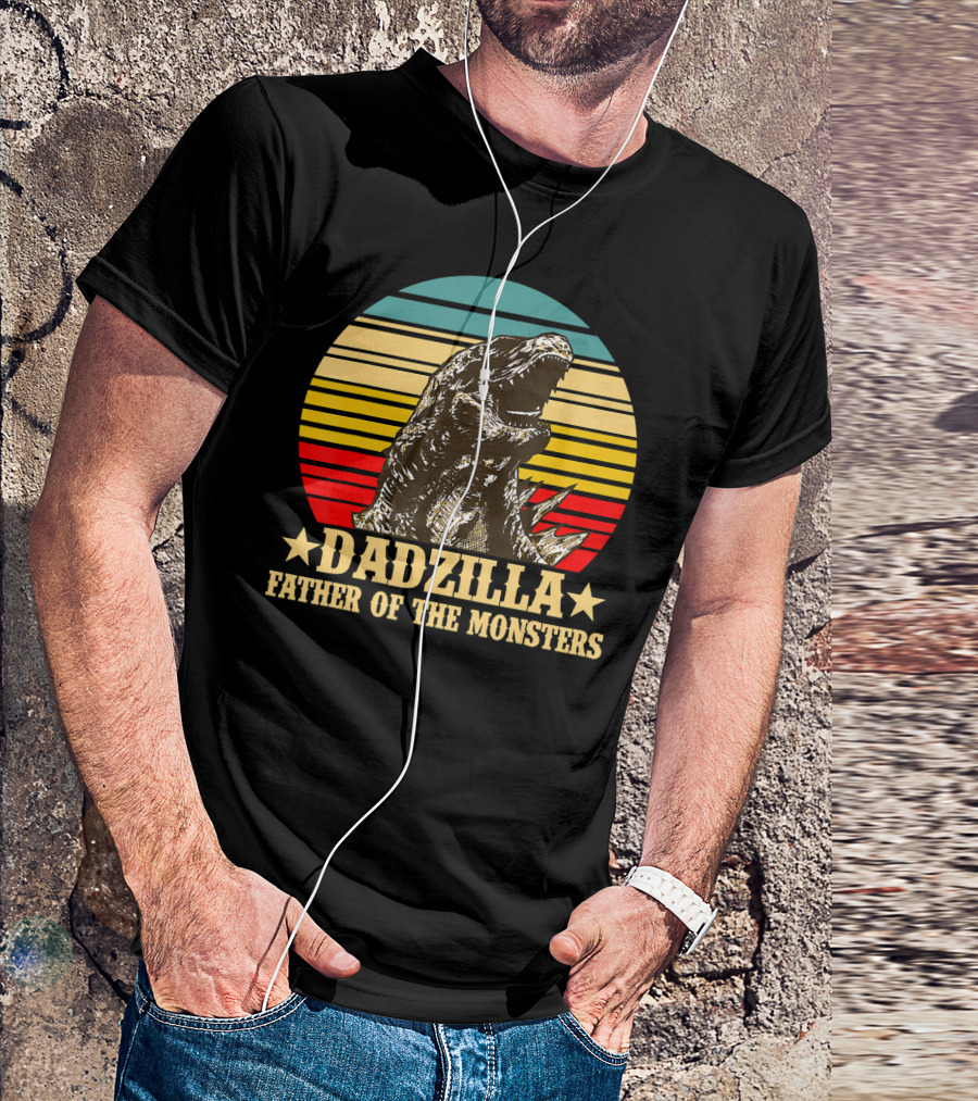 Dadzilla Father Of The Monsters Dinosaur Retro Sunset Stripe T-Shirt