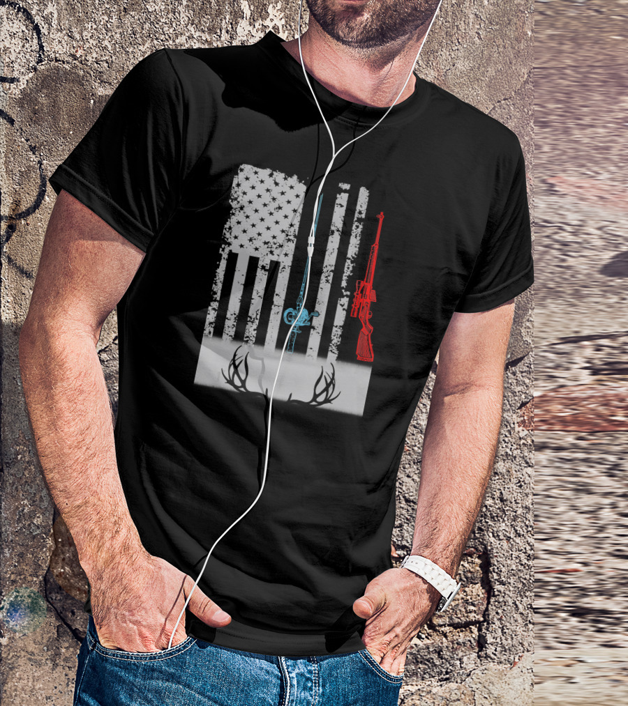 American Flag Fishing Rod Rifle Antlers T-Shirt