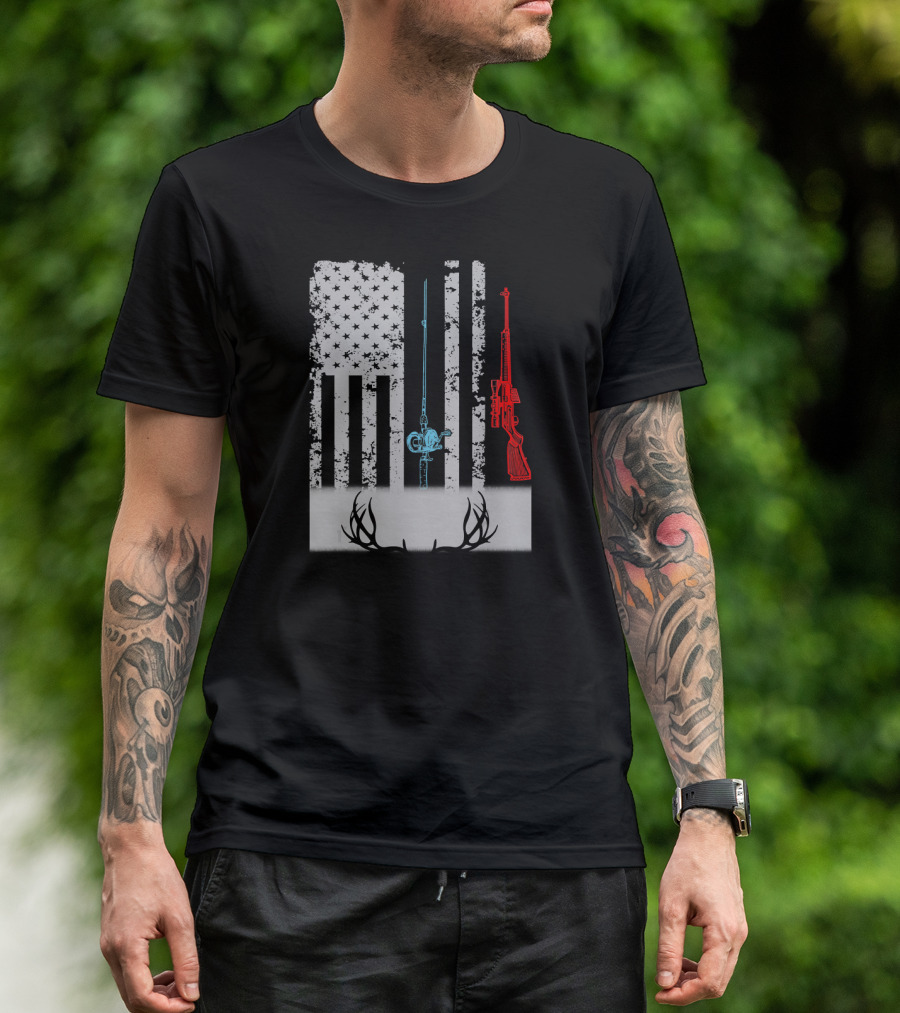 American Flag Fishing Rod Rifle Antlers T-Shirt