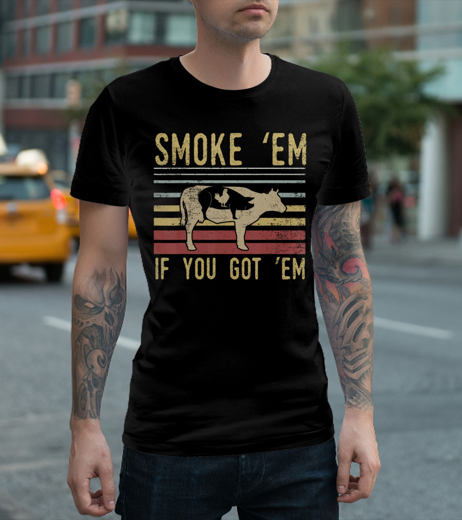 Retro BBQ Smoke 'Em If You Got 'Em Grilling Cow and Pig Silhouette Vintage Stripes T-Shirt