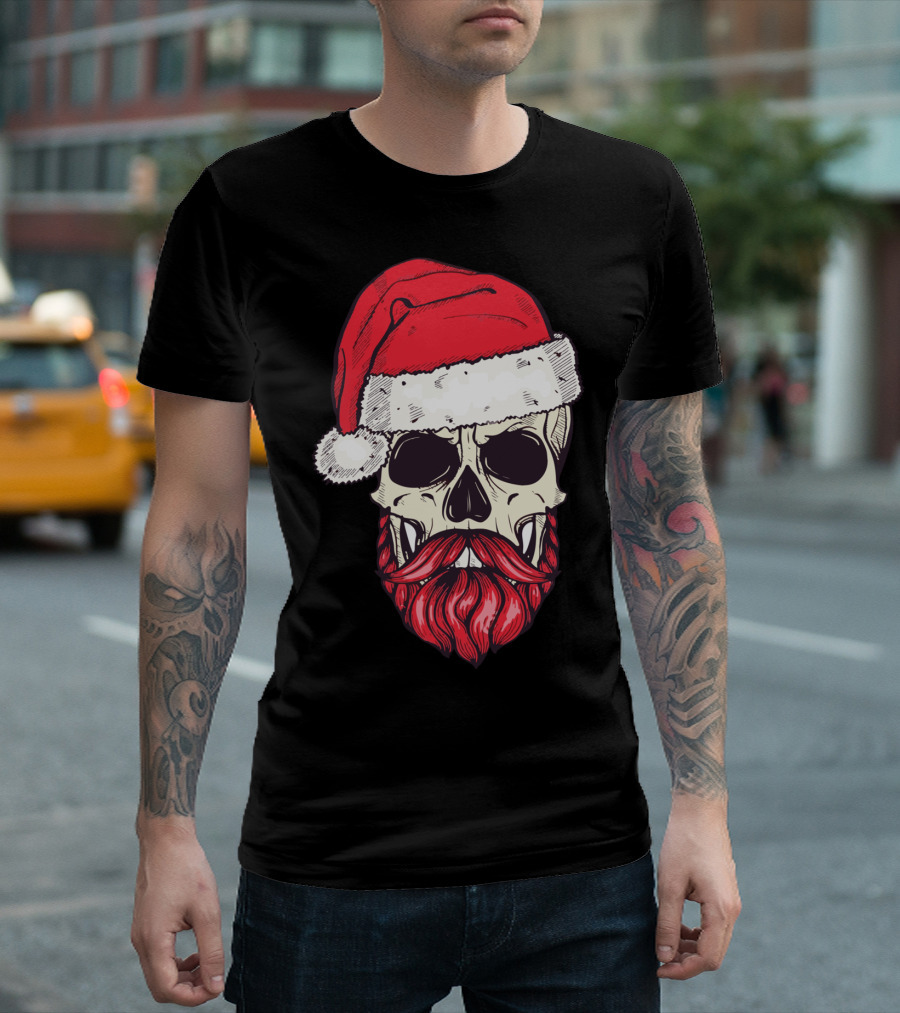 Vintage Bearded Skull Santa Claus With Red Hat And Mustache T-Shirt