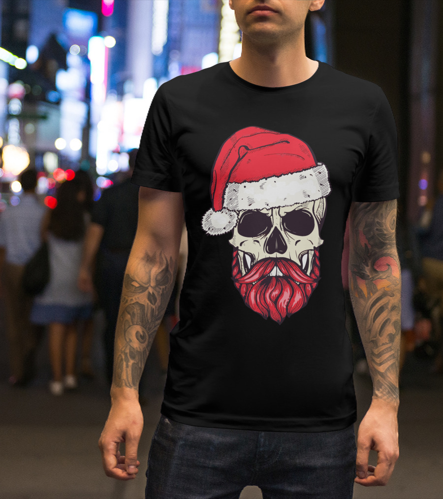 Vintage Bearded Skull Santa Claus With Red Hat And Mustache T-Shirt