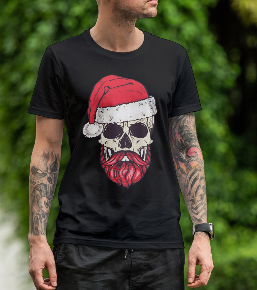 Vintage Bearded Skull Santa Claus With Red Hat And Mustache T-Shirt