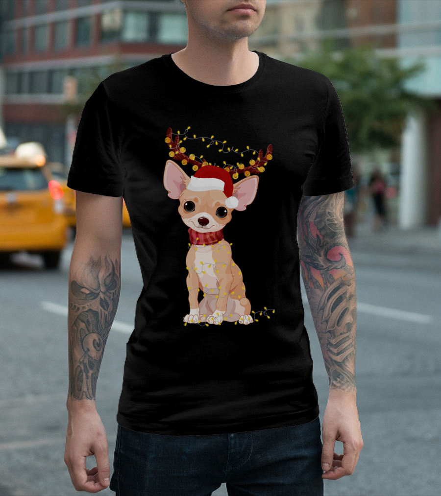 Chihuahua With Santa Hat Reindeer Antlers Christmas Lights Noel T-Shirt