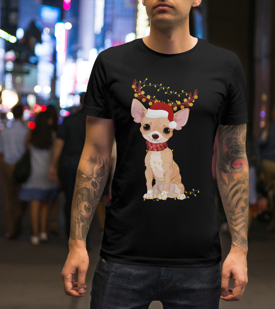 Chihuahua With Santa Hat Reindeer Antlers Christmas Lights Noel T-Shirt