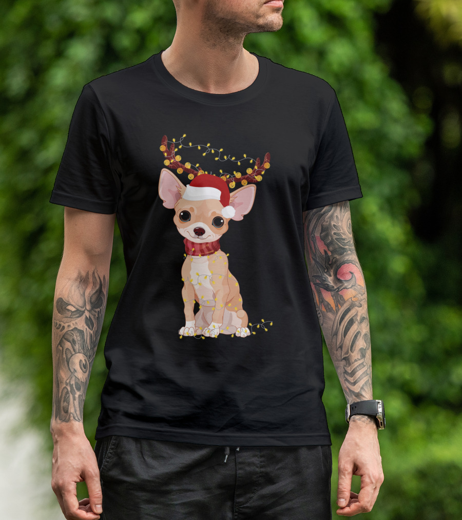 Chihuahua With Santa Hat Reindeer Antlers Christmas Lights Noel T-Shirt