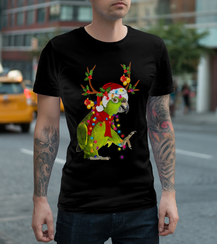 Cockatoo Parrot Reindeer Antlers Christmas Lights Santa Hat T-Shirt