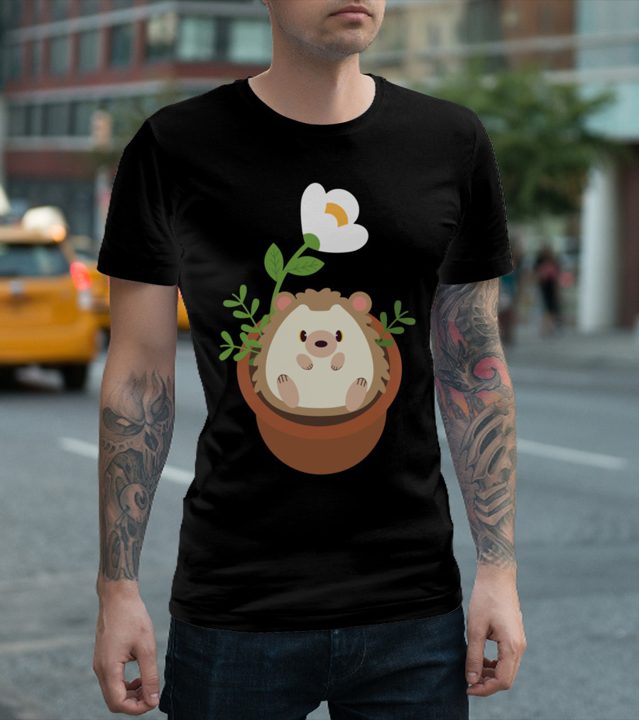 Cute Hedgehog Sitting in Flowering Plant Pot T-Shirt