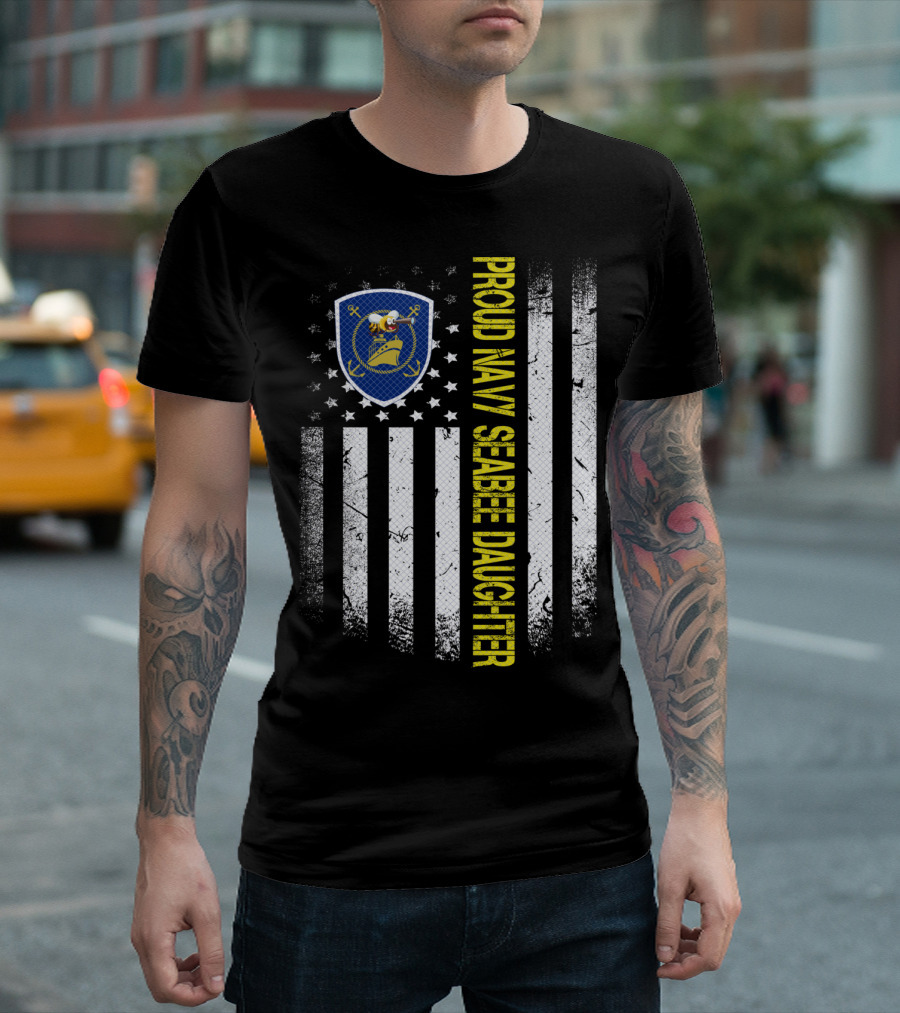 Proud Navy Seabee Daughter Black and White American Flag with Seabee Emblem T-Shirt