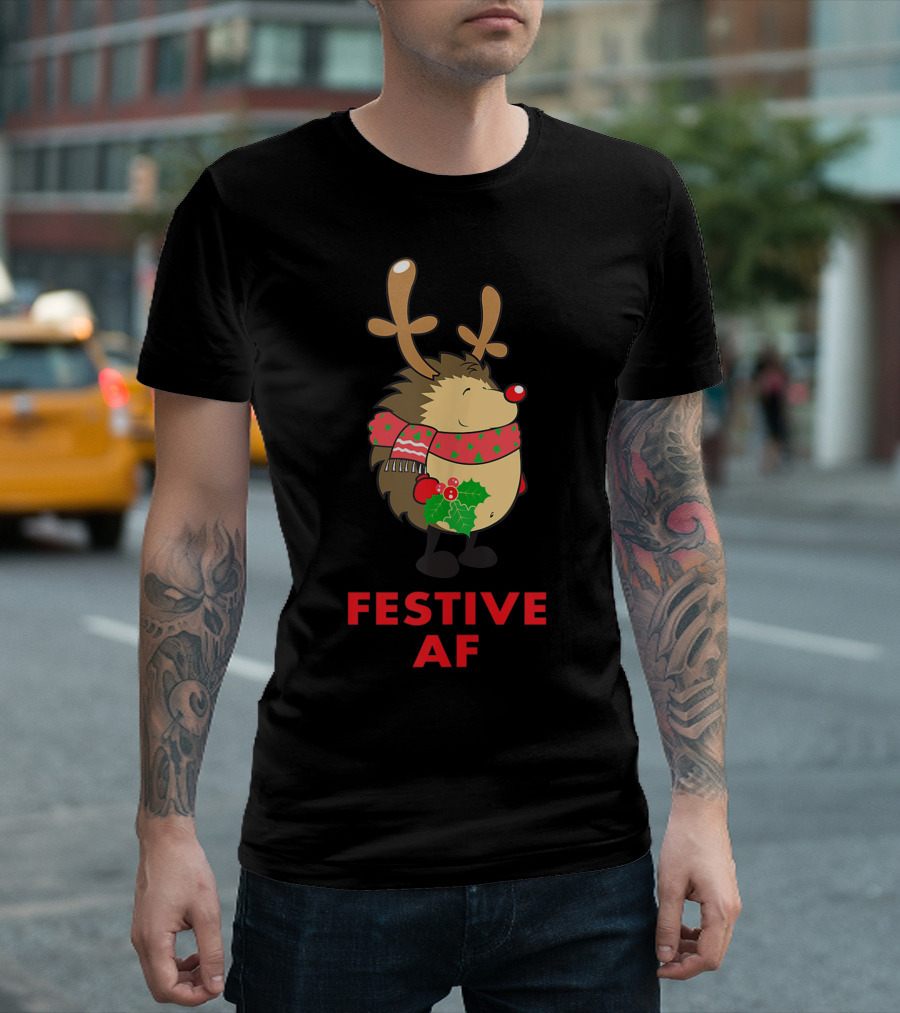 Festive AF Funny Christmas Hedgehog with Reindeer Antlers and Scarf T-Shirt