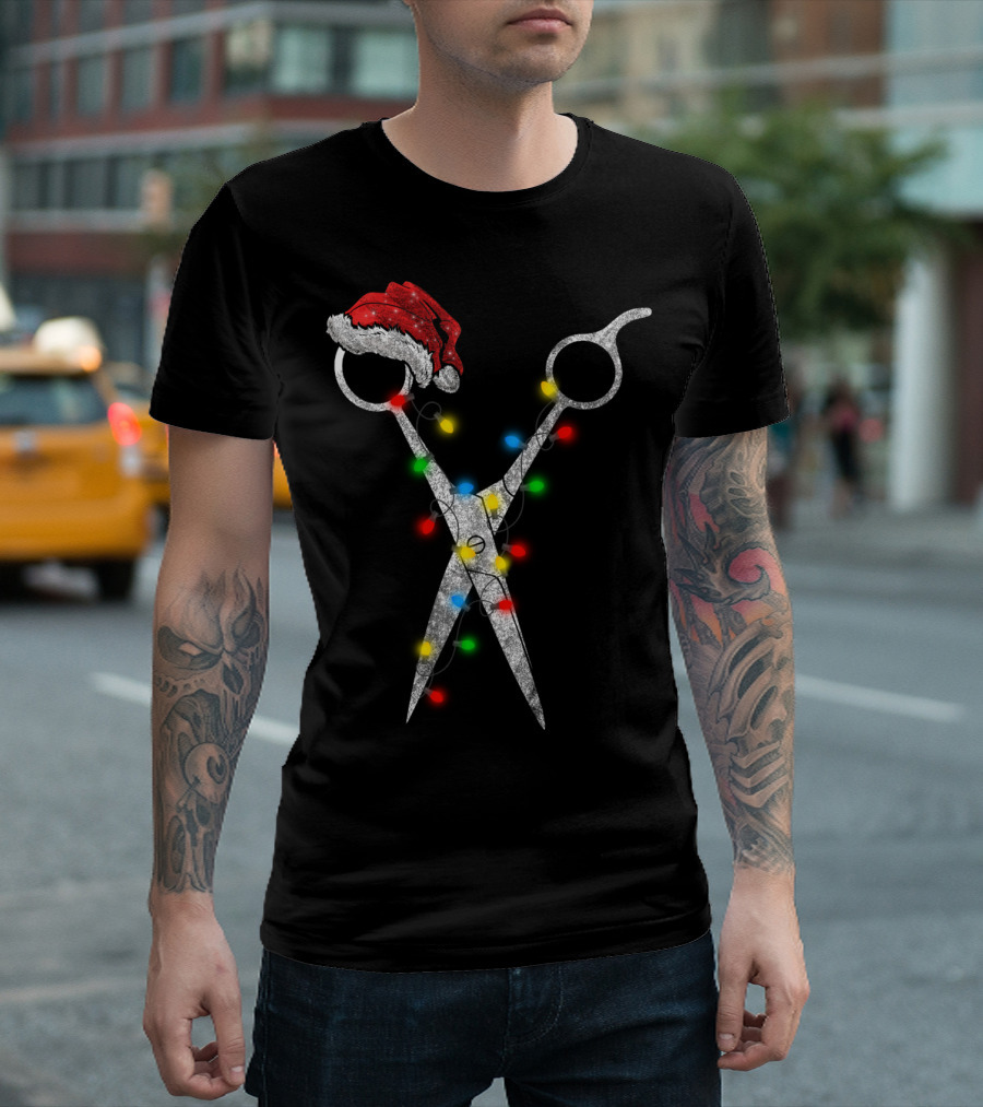 Funny Christmas Scissor Hairstylist Santa Hat Lights T-Shirt