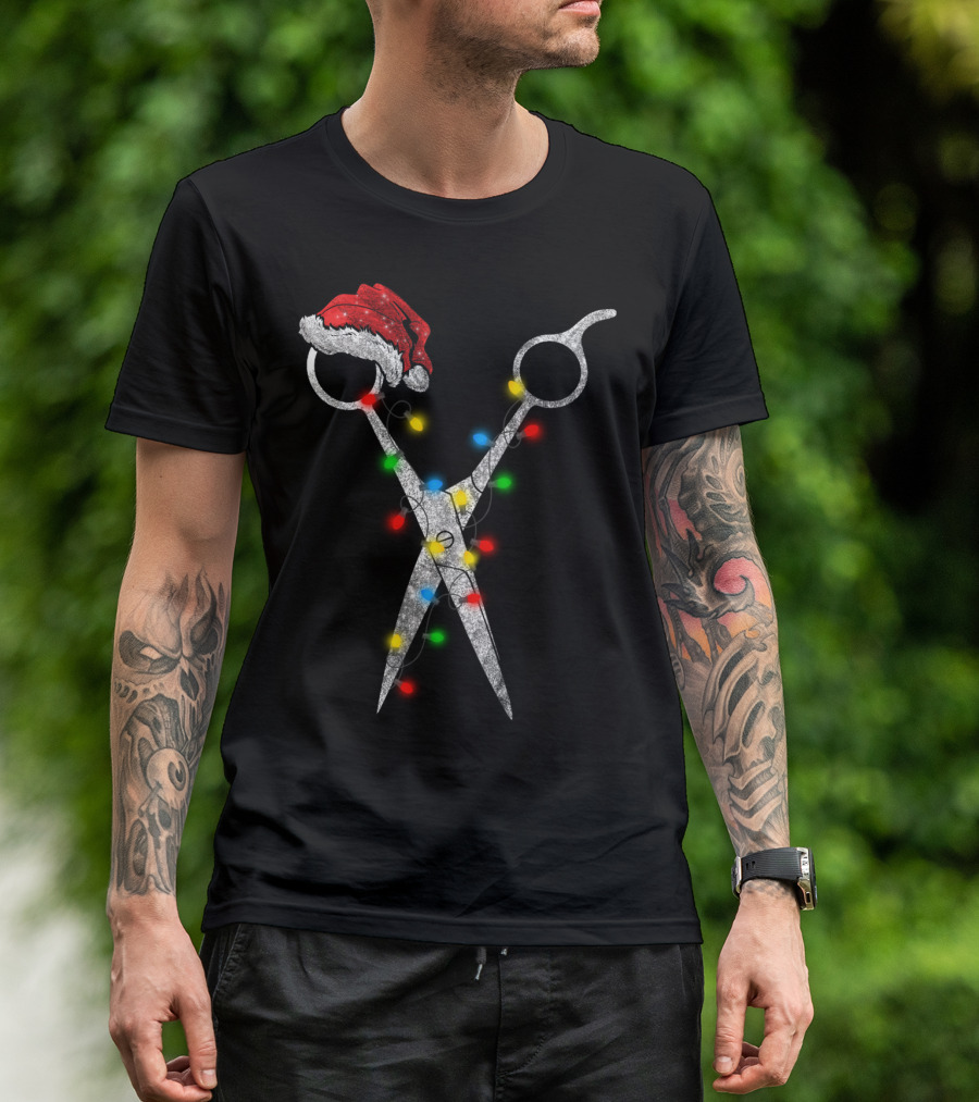 Funny Christmas Scissor Hairstylist Santa Hat Lights T-Shirt