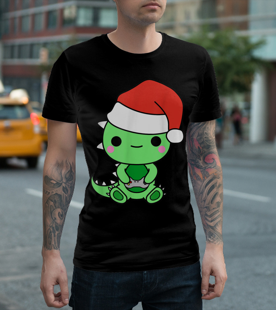 Christmas Gaming Dinosaur Santa Gamer Nerd T-Shirt