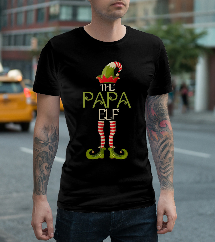 The Papa Elf Christmas Hat and Shoes with Red and White Striped Legs T-Shirt