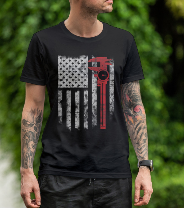 American Flag With Red Caliper For CNC Machinists T-Shirt
