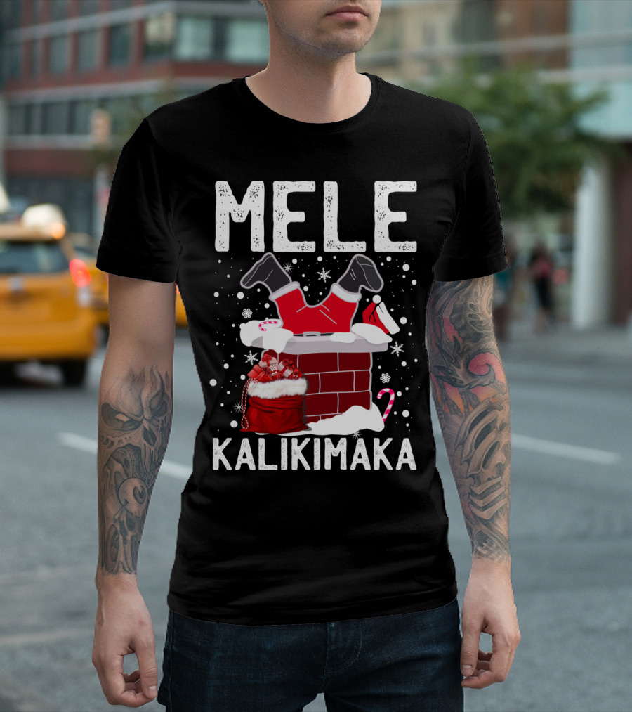 Mele Kalikimaka Santa In Chimney With Gifts Candy Cane Snowflakes Hawaiian Christmas T-Shirt