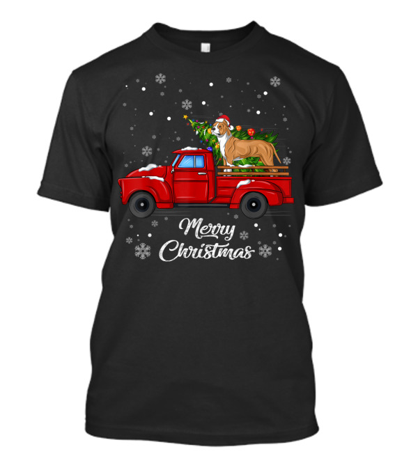 Merry Christmas Pitbull In Red Truck With Christmas Tree And Snowflakes T-Shirt