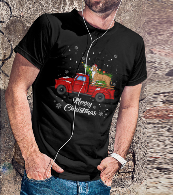 Merry Christmas Pitbull In Red Truck With Christmas Tree And Snowflakes T-Shirt