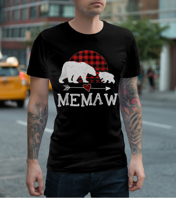 Memaw Bear With Red Plaid Buffalo Check And Heart Arrow T-Shirt