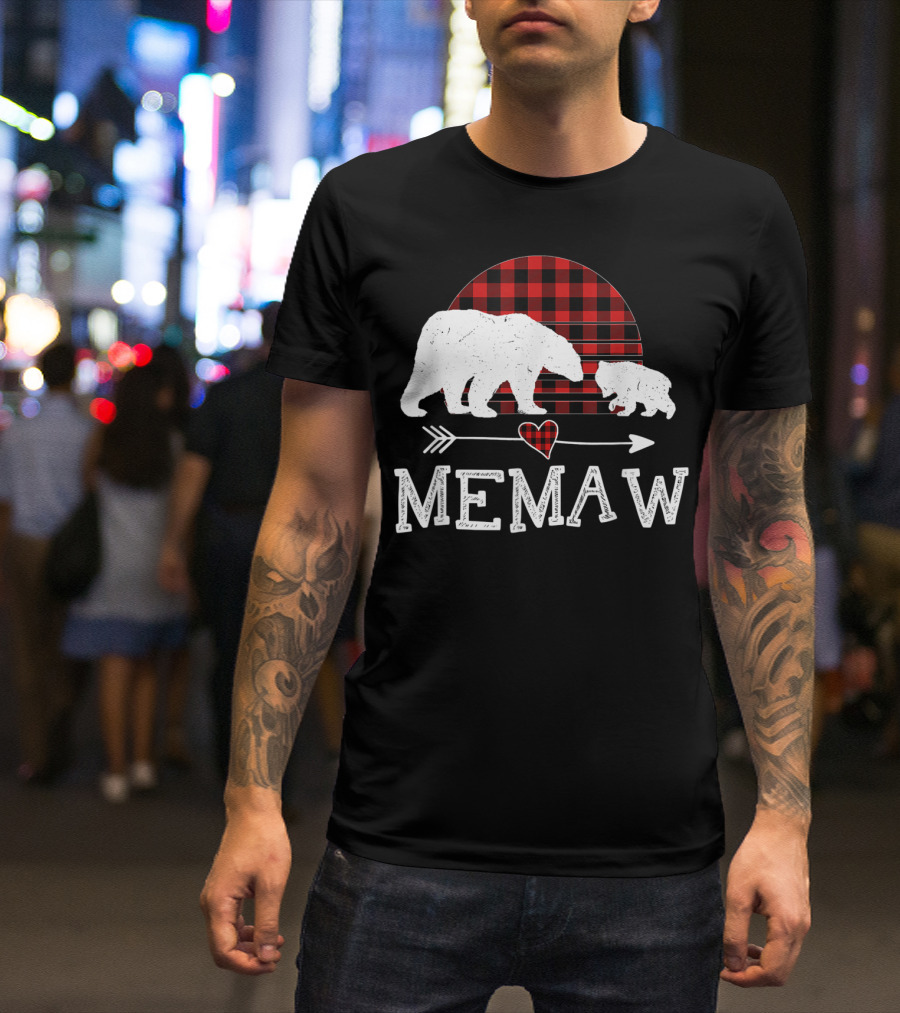 Memaw Bear With Red Plaid Buffalo Check And Heart Arrow T-Shirt